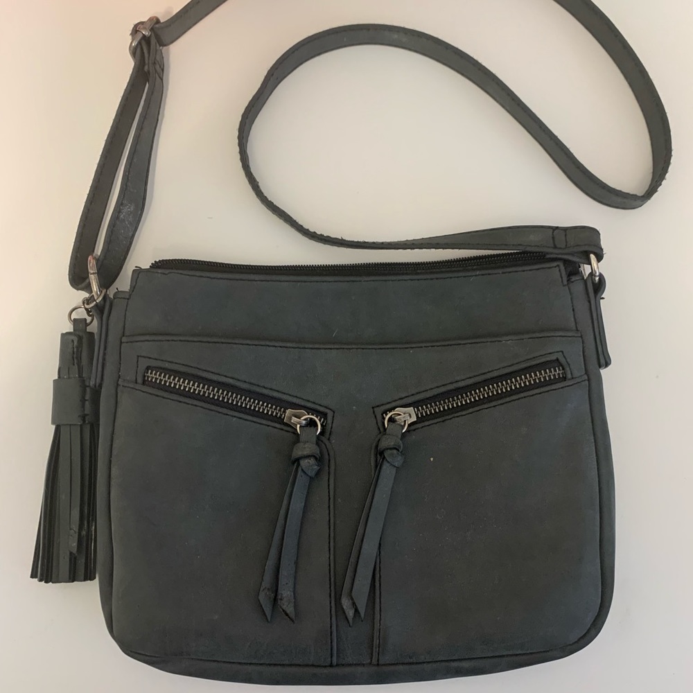 Gray suede purse with tassels